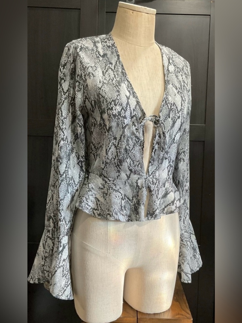 Snake-Print Tie-Front Peplum Blouse - Gray